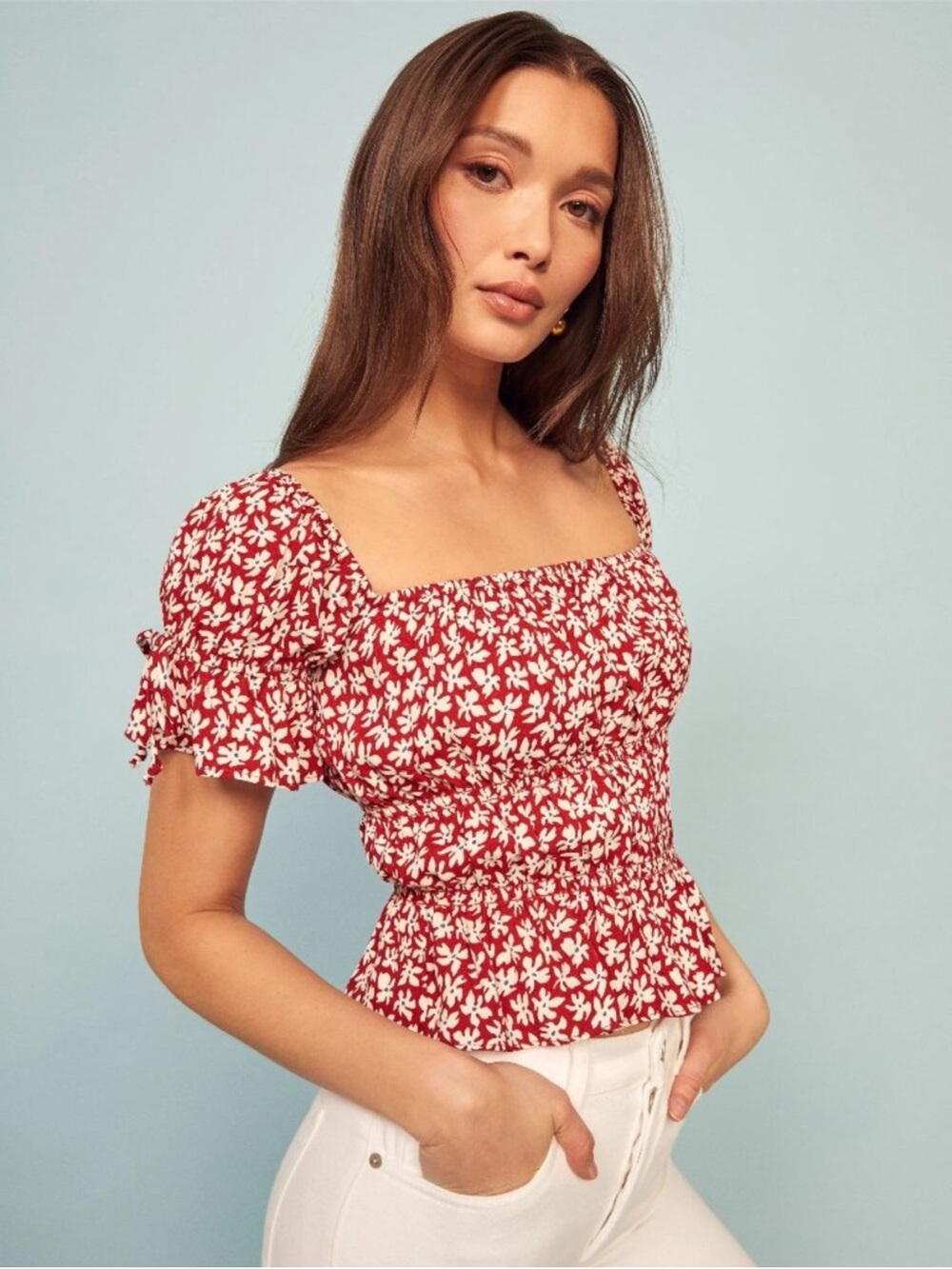 Reformation Red Floral Smocked Milkmaid Top